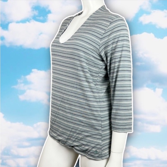 ❤️ COLUMBIA Modal Lycra Blend Three-Quarter Sleeve V-neck Striped Soft Tee Retro - Picture 5 of 11